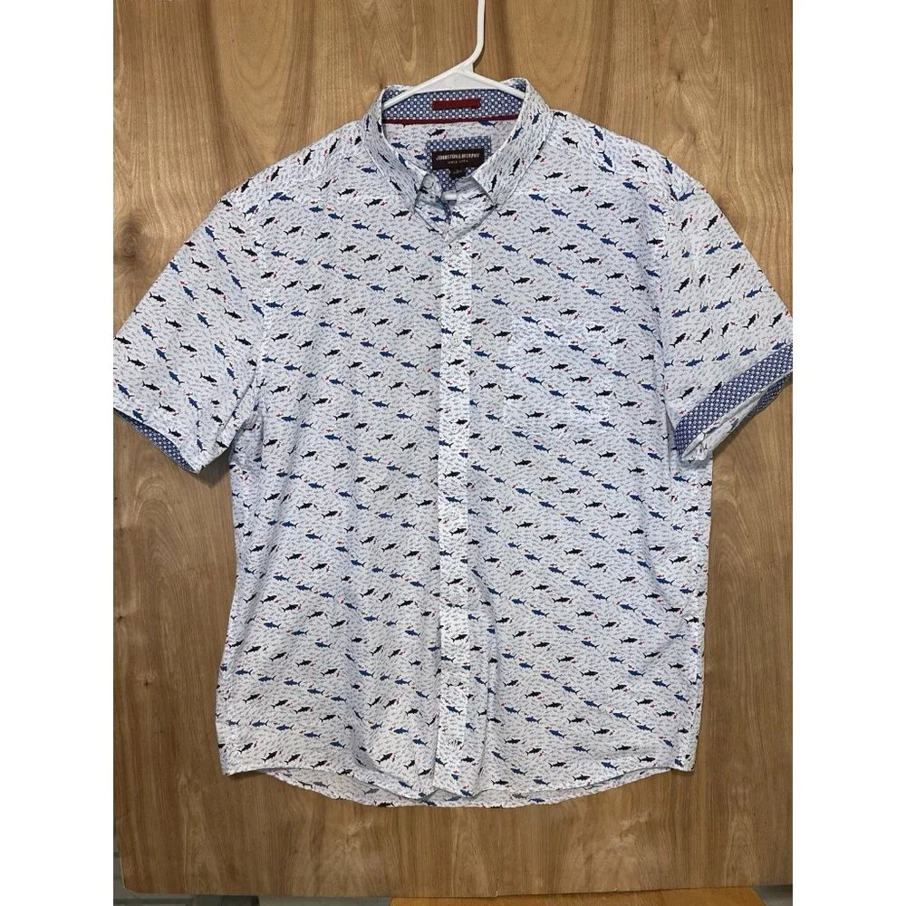 Johnston Murphy Men’s Large Shirt White Blue Geometric Shark Print Short Sleeve - Picture 2 of 11